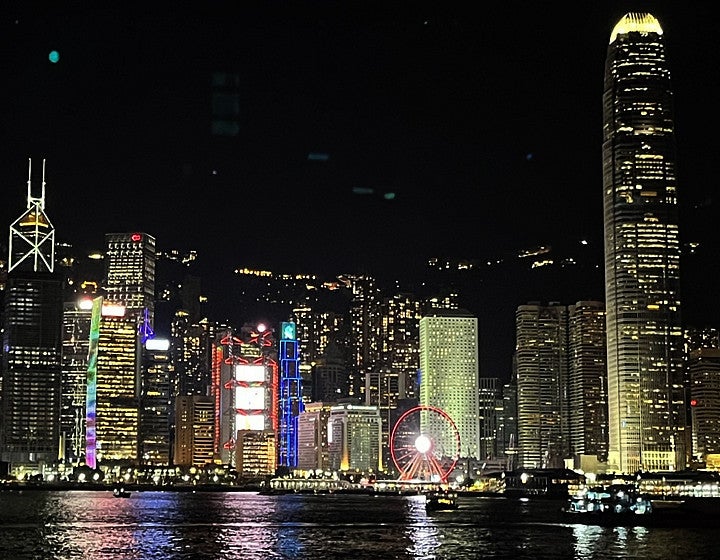 City skyline with harbor and skyscrapers