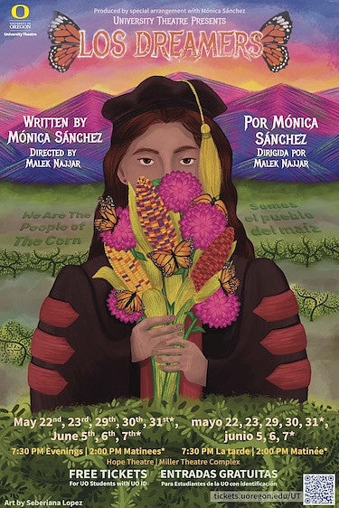 drawing of a woman wearing graduation regalia and smelling flowers with text in english and spanish