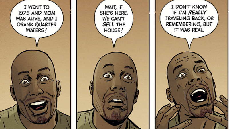 four panels from a graphic novel featuring a man having a crisis in thought bubbles