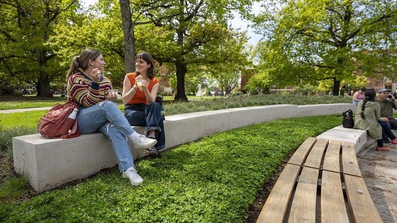 students sitting outside on a cement wall chatting in nice sunny weather