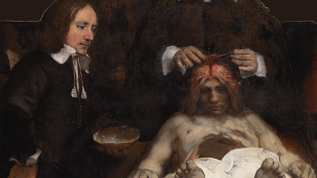 Renaissance painting showing a group of men over a brain dissection
