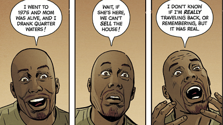 four panels from a graphic novel featuring a man having a crisis in thought bubbles