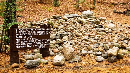 a pile of rocks in the forest with a sign that quotes Thoreau