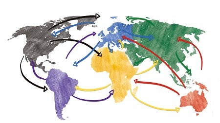 an illustration of Earth's continents in primary colors connected by arrows going back and forth between all the continents