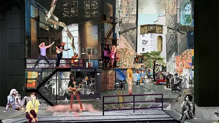 colorful collage by mary jungels goodyear for set design of rent production