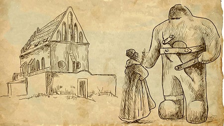 drawing of rabbi and golem in front of synagogue