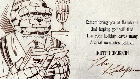 a drawing of the superhero the thing along with a hand written note