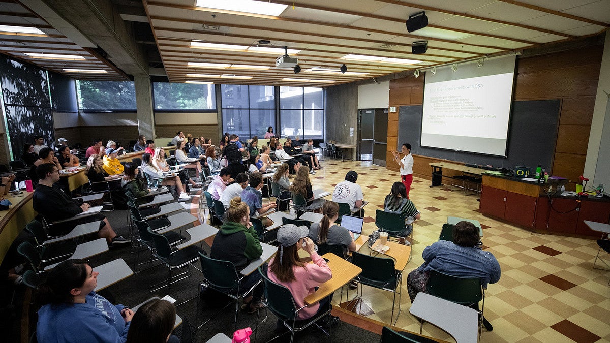 Professor teaches students in front of projector screen