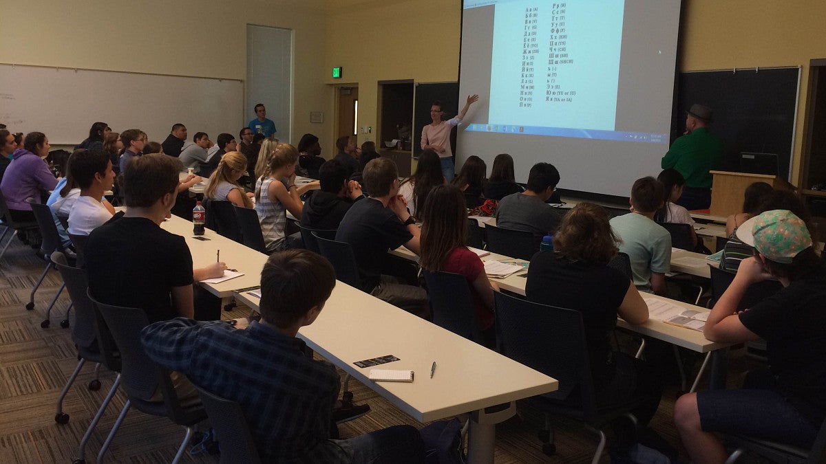 Lecture in class full of students