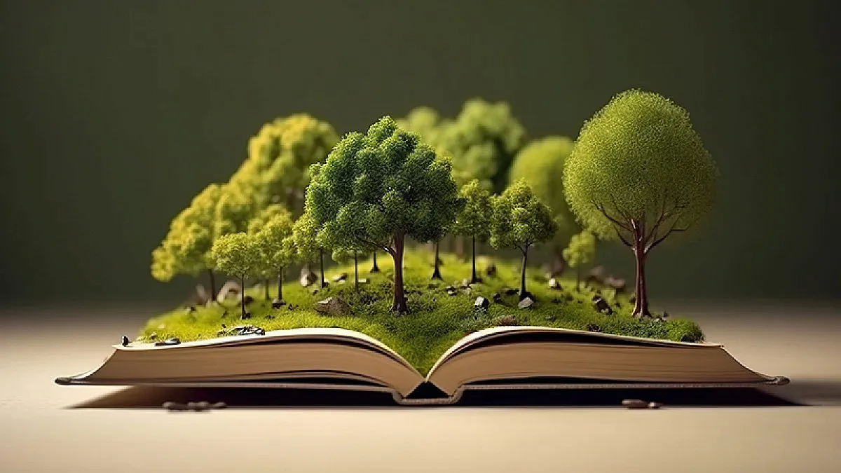 Trees emerge from an open book