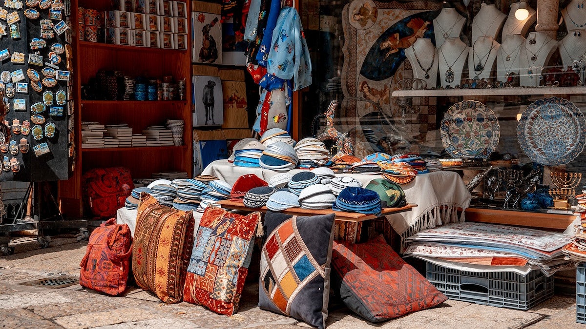 Shop of jewish and christian religious symbols in the aab market in Jerusalem