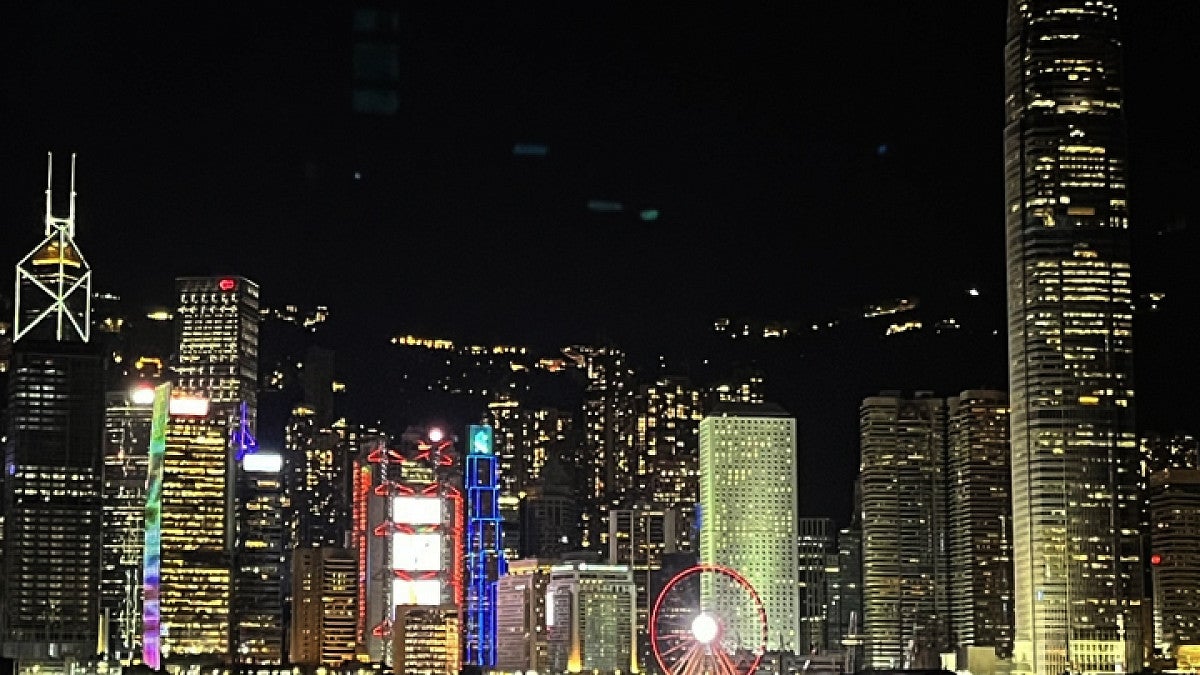 City skyline with harbor and skyscrapers