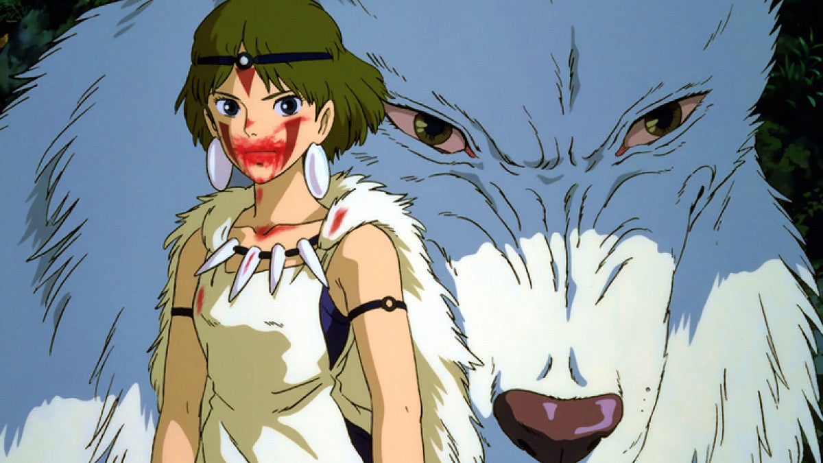 Still from anime depicting a worrier with a wolf in the background