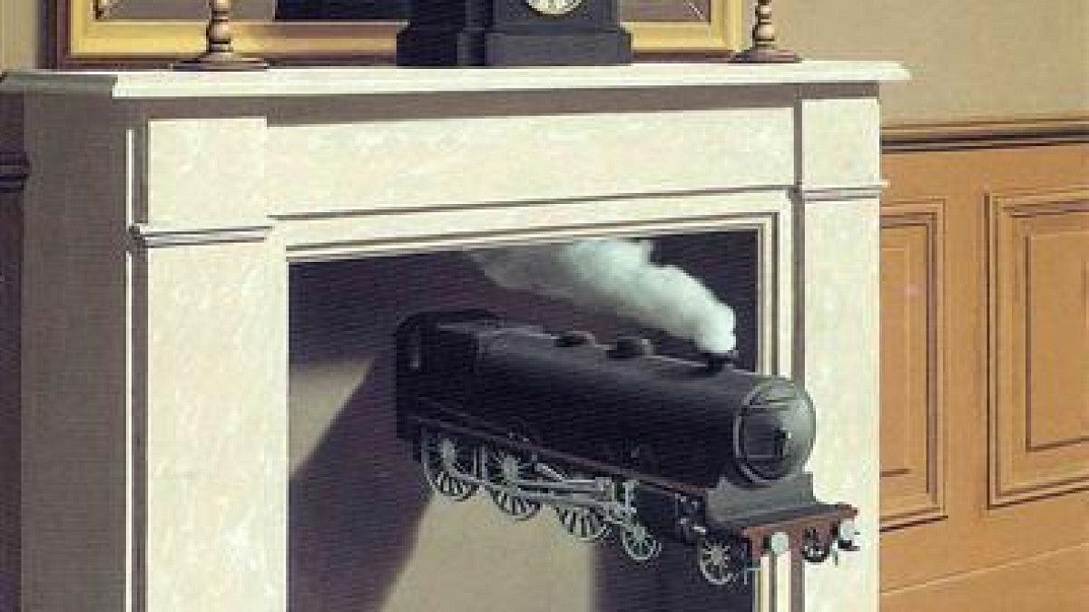 Surreal painting of a living room with train emerging from chimney