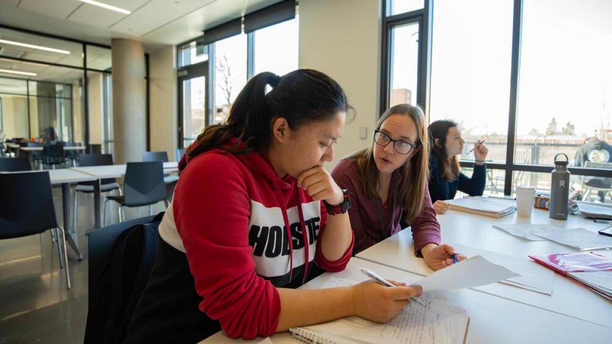 A student being mentored by a teacher sitting at desk