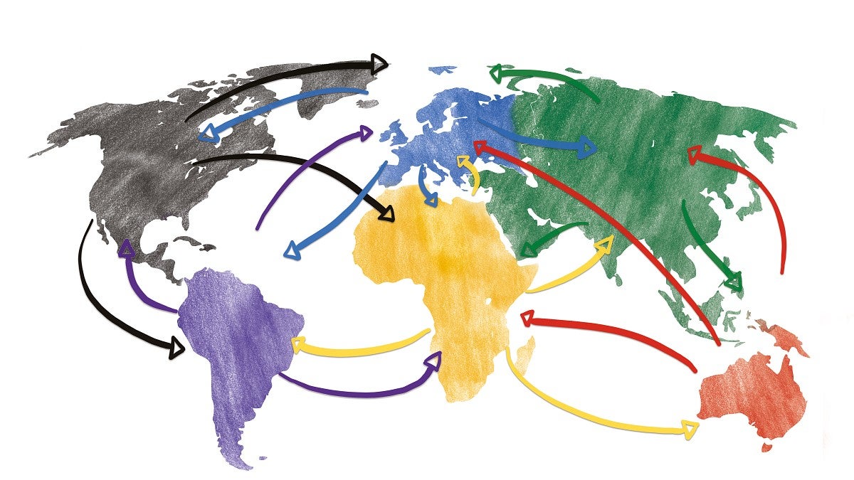 an illustration of Earth's continents in primary colors connected by arrows going back and forth between all the continents