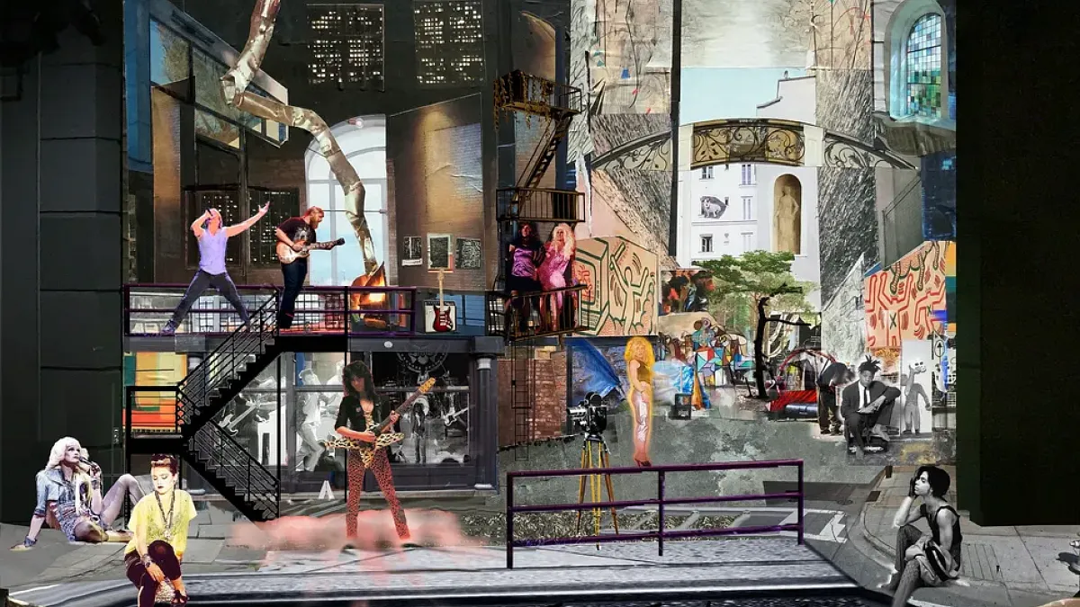 colorful collage by mary jungels goodyear for set design of rent production