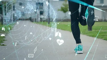 a person running with data icon illustrations on the screen 